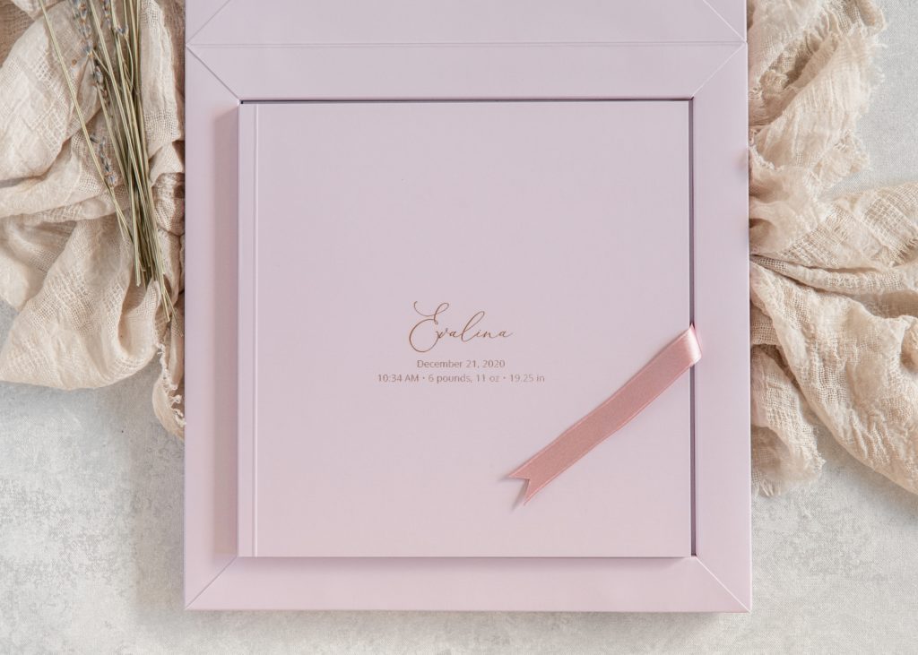 pink baby book with foil imprinted cover